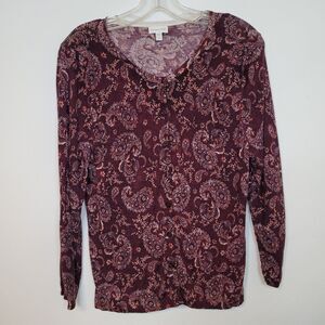 Garnet Hill Merino Wool Button Up Cardigan Size M Sweater Maroon Floral Paisley
